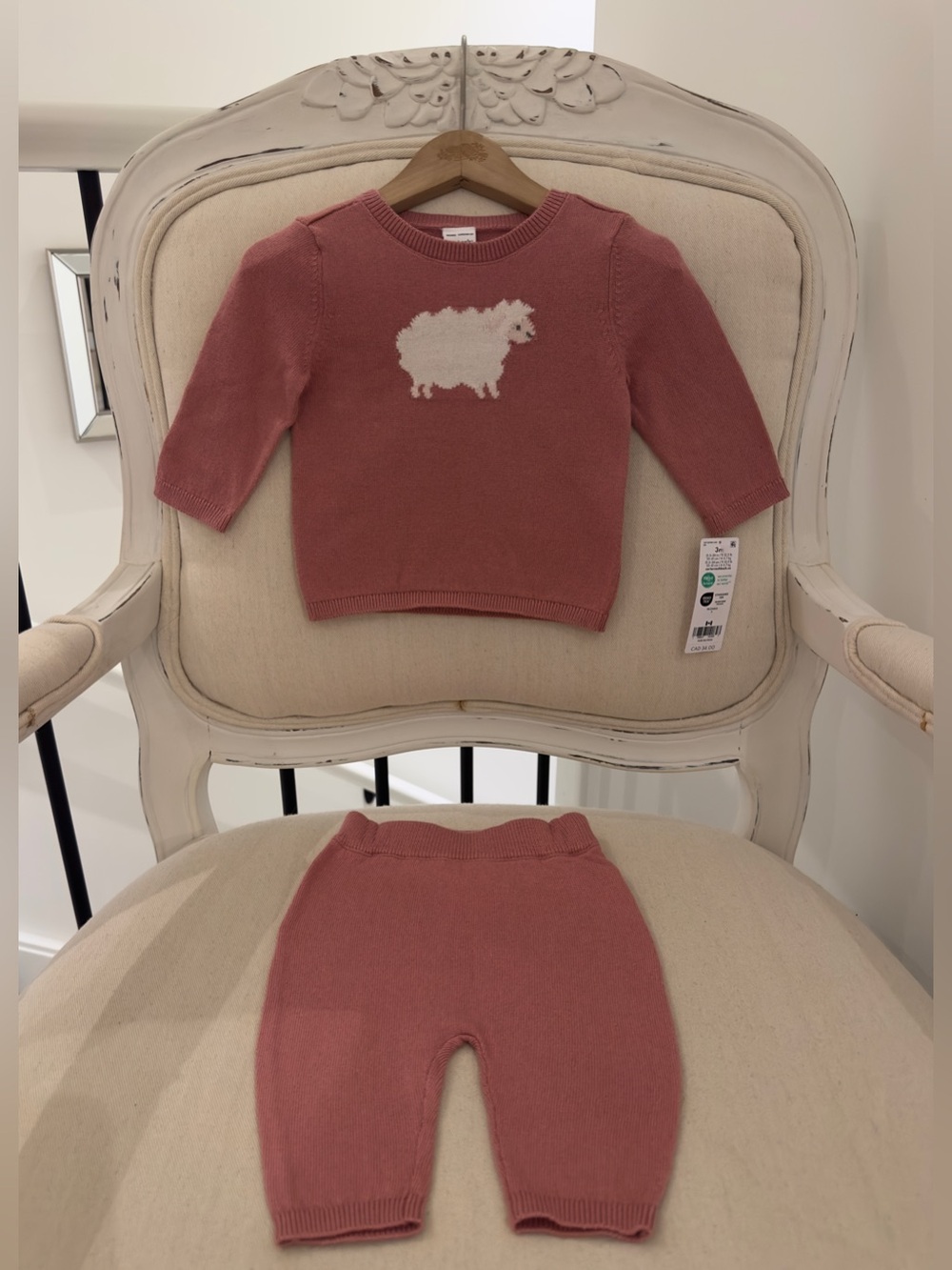 🐑 3 Mth 100% Cotton Baby Girls Dusty Rose~Rust Knit Sheep Sweater Outfit NWT